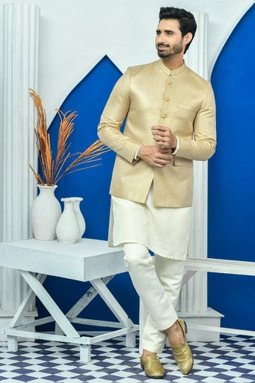 Golden Color Checkered Embroidered Prince Coat For Men